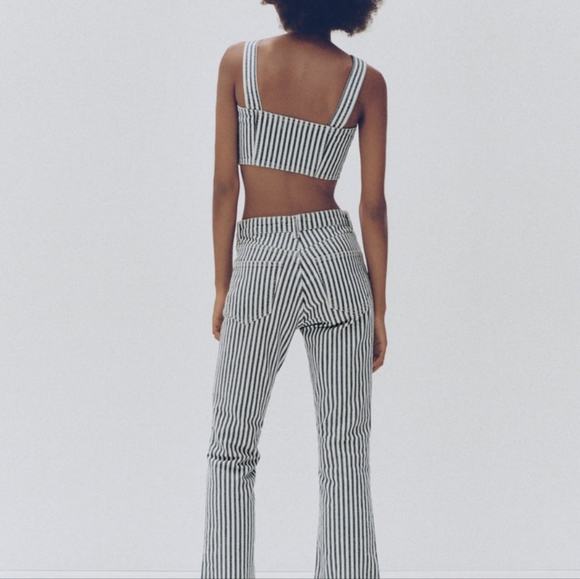 ZARA Thick Strap Striped Denim Crop Top - Picture 4 of 8